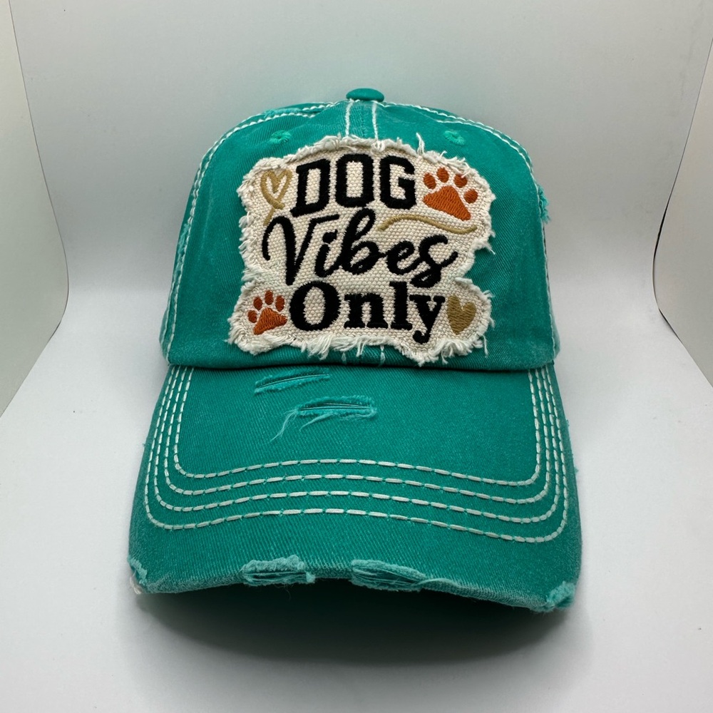 Teal Dog Vibes Only Vintage Style Distressed Ball Cap